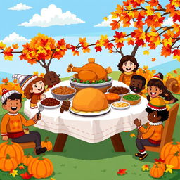 A vibrant and colorful pixel art scene depicting a joyful Thanksgiving celebration
