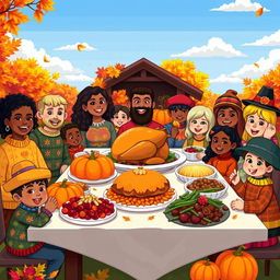 A vibrant and colorful pixel art scene depicting a joyful Thanksgiving celebration
