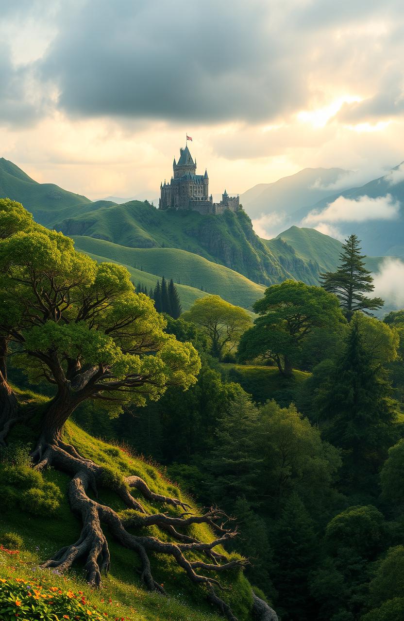 A captivating and enchanting fantasy landscape inspired by Disney's Brave, featuring a lush Scottish highland filled with rolling green hills and misty mountains