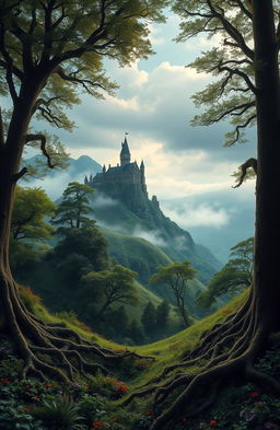 A captivating and enchanting fantasy landscape inspired by Disney's Brave, featuring a lush Scottish highland filled with rolling green hills and misty mountains