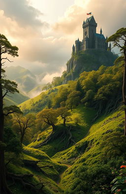 A captivating and enchanting fantasy landscape inspired by Disney's Brave, featuring a lush Scottish highland filled with rolling green hills and misty mountains