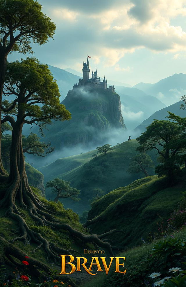 A captivating and enchanting fantasy landscape inspired by Disney's Brave, featuring a lush Scottish highland filled with rolling green hills and misty mountains