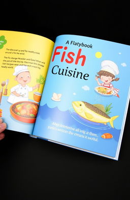 Children's storybook about fish cuisine, beautifully illustrated with vibrant images depicting various dishes made from fish