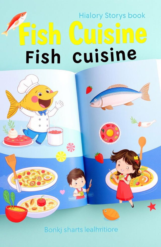 Children's storybook about fish cuisine, beautifully illustrated with vibrant images depicting various dishes made from fish