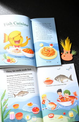 Children's storybook about fish cuisine, beautifully illustrated with vibrant images depicting various dishes made from fish