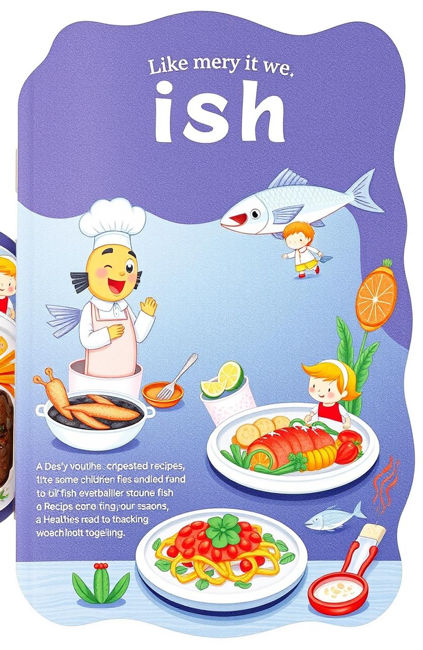 Children's storybook about fish cuisine, beautifully illustrated with vibrant images depicting various dishes made from fish