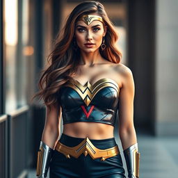 A captivating image of a woman resembling Diana Prince, also known as Wonder Woman, wearing a stylish and modern crop top paired with elegant high-waisted pants