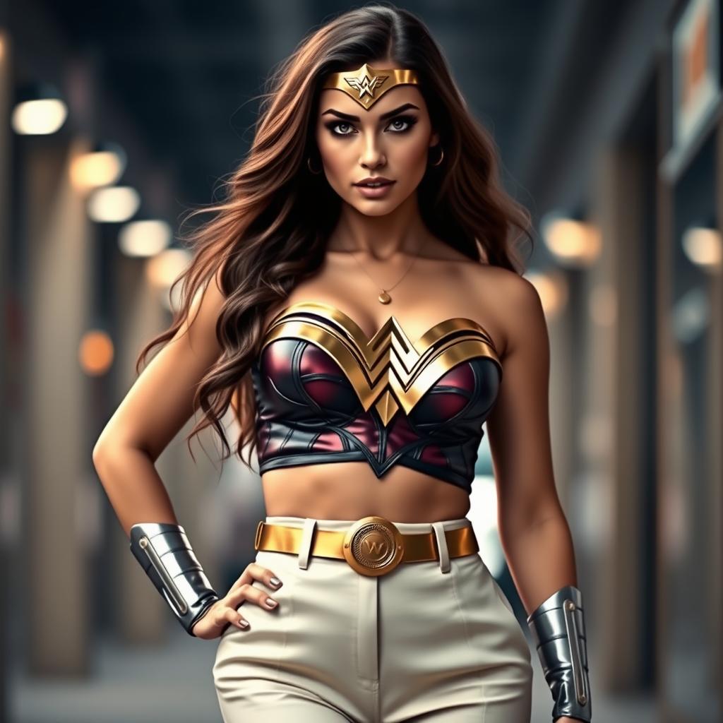 A captivating image of a woman resembling Diana Prince, also known as Wonder Woman, wearing a stylish and modern crop top paired with elegant high-waisted pants