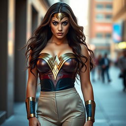 A captivating image of a woman resembling Diana Prince, also known as Wonder Woman, wearing a stylish and modern crop top paired with elegant high-waisted pants