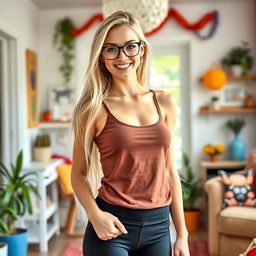 A wide shot of a skinny and lanky 21-year-old Russian nanny with long blonde hair gracefully styled