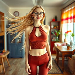 A wide shot of a skinny and lanky 21-year-old Russian nanny with long blonde hair flowing elegantly