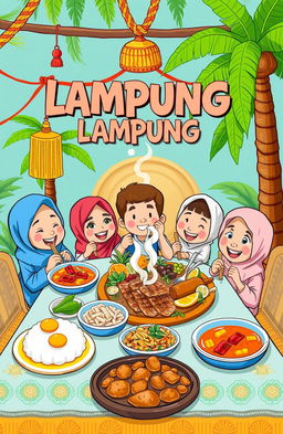 A colorful cartoon illustration featuring an array of traditional Lampung culinary dishes