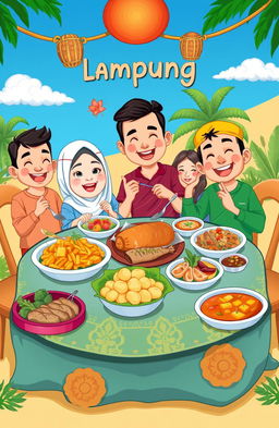 A colorful cartoon illustration featuring an array of traditional Lampung culinary dishes