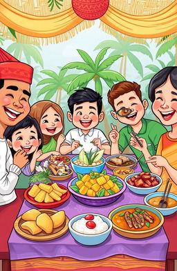 A colorful cartoon illustration featuring an array of traditional Lampung culinary dishes