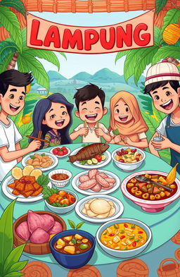 A colorful cartoon illustration featuring an array of traditional Lampung culinary dishes