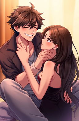 A book cover illustration featuring a male character sitting confidently with a playful grin, gently lifting the chin of a female character