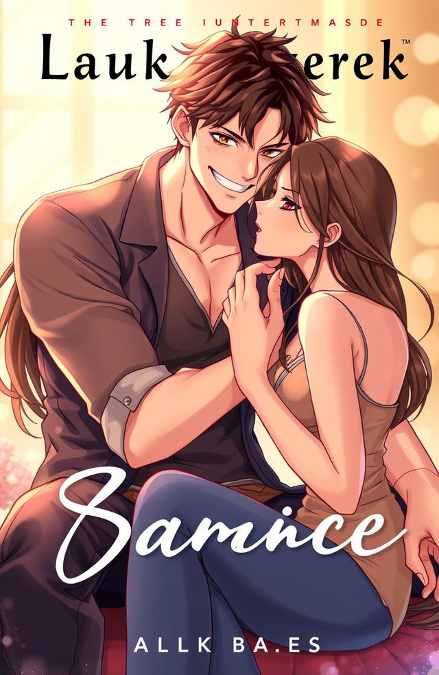 A book cover illustration featuring a male character sitting confidently with a playful grin, gently lifting the chin of a female character