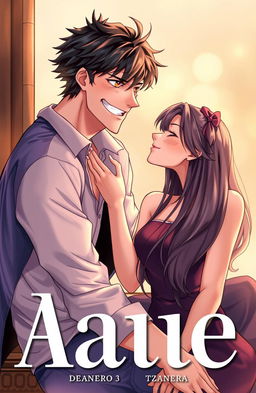 A book cover illustration featuring a male character sitting confidently with a playful grin, gently lifting the chin of a female character