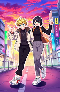 A vibrant and energetic illustration depicting two characters, Felix and Hyunjin, both styled with unique, fashionable outfits