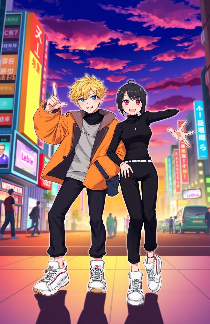 A vibrant and energetic illustration depicting two characters, Felix and Hyunjin, both styled with unique, fashionable outfits