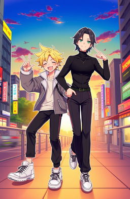 A vibrant and energetic illustration depicting two characters, Felix and Hyunjin, both styled with unique, fashionable outfits