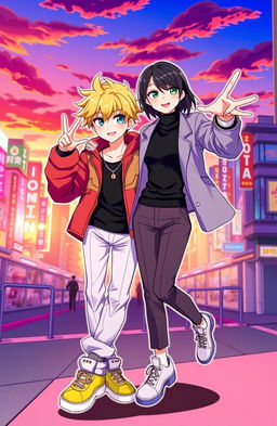 A vibrant and energetic illustration depicting two characters, Felix and Hyunjin, both styled with unique, fashionable outfits