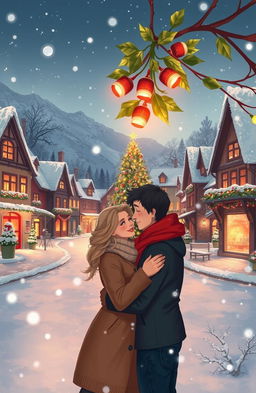 An illustration of a snow-covered village, with vibrant Christmas lights illuminating the houses and a large Christmas tree in the central square