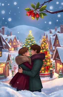 An illustration of a snow-covered village, with vibrant Christmas lights illuminating the houses and a large Christmas tree in the central square