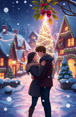 An illustration of a snow-covered village, with vibrant Christmas lights illuminating the houses and a large Christmas tree in the central square
