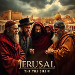 A dramatic movie poster set in ancient Jerusalem, featuring intense Jewish leaders in traditional robes, deep in discussion and conflict