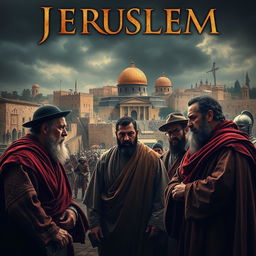 A dramatic movie poster set in ancient Jerusalem, featuring intense Jewish leaders in traditional robes, deep in discussion and conflict