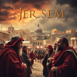 A dramatic movie poster set in ancient Jerusalem, featuring intense Jewish leaders in traditional robes, deep in discussion and conflict