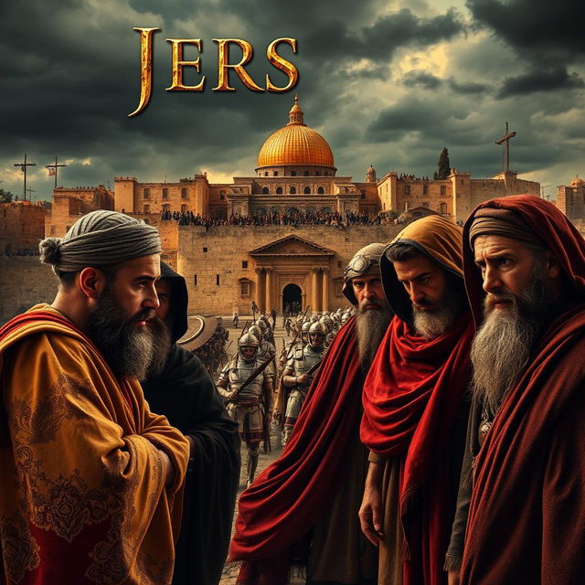 A dramatic movie poster set in ancient Jerusalem, featuring intense Jewish leaders in traditional robes, deep in discussion and conflict