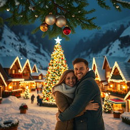 A picturesque winter village covered in snow, with houses adorned with bright Christmas lights