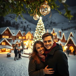A picturesque winter village covered in snow, with houses adorned with bright Christmas lights