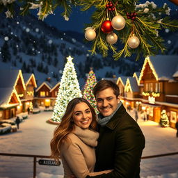A picturesque winter village covered in snow, with houses adorned with bright Christmas lights