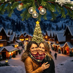 A picturesque winter village covered in snow, with houses adorned with bright Christmas lights