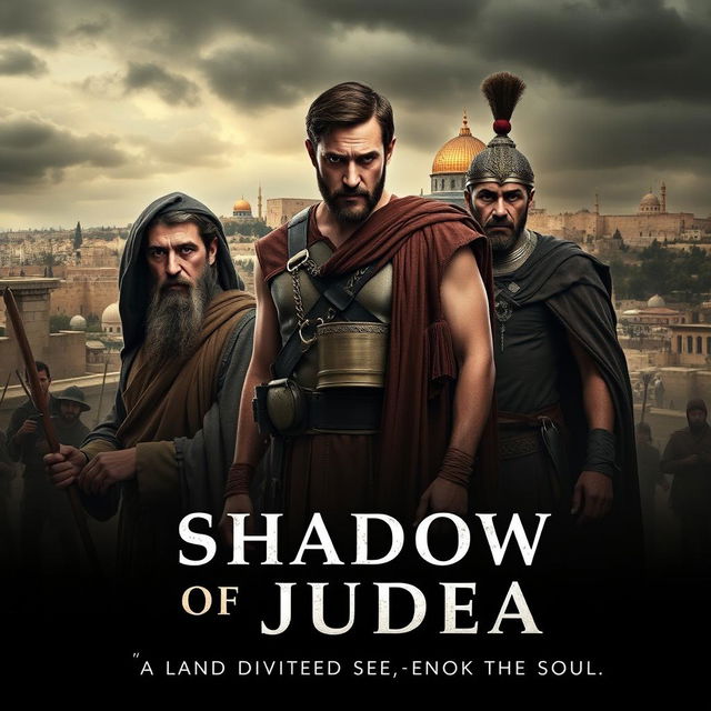 A dramatic movie poster for 'Shadow of Judea', featuring a tense scene set in ancient Jerusalem