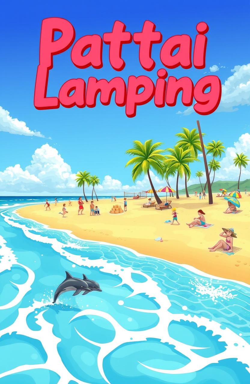 A vibrant cartoon scene depicting Pantai Lampung, capturing its beautiful beach landscape under a bright blue sky