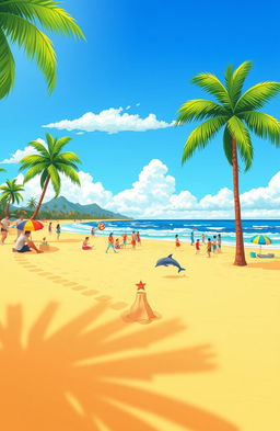A vibrant cartoon scene depicting Pantai Lampung, capturing its beautiful beach landscape under a bright blue sky