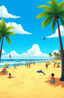 A vibrant cartoon scene depicting Pantai Lampung, capturing its beautiful beach landscape under a bright blue sky