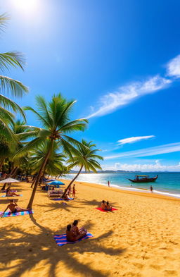 A stunning beach scene at Pantai Lampung, featuring golden sands and clear blue waters under a bright sunny sky
