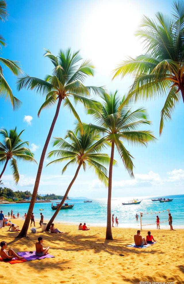 A stunning beach scene at Pantai Lampung, featuring golden sands and clear blue waters under a bright sunny sky