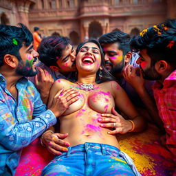 A colorful and lively scene during Holi at a grand Rajasthani fort, featuring a sensual Indian woman inspired by a popular actress as a college girl