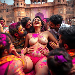 A colorful and lively scene during Holi at a grand Rajasthani fort, featuring a sensual Indian woman inspired by a popular actress as a college girl