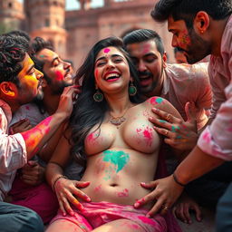 A vibrant and playful scene during Holi at a magnificent Rajasthani fort, featuring a sensual Indian woman inspired by a popular actress as a college girl