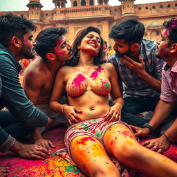 A vibrant and playful scene during Holi at a majestic Rajasthani fort, featuring a sensual Indian woman inspired by a popular actress as a college girl