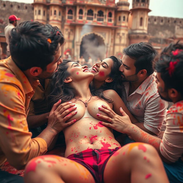 A vibrant and playful scene during Holi at a majestic Rajasthani fort, featuring a sensual Indian woman inspired by a popular actress as a college girl