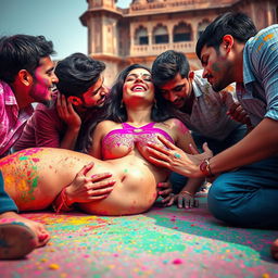A vibrant and playful scene during Holi at a majestic Rajasthani fort, featuring a sensual Indian woman inspired by a popular actress as a college girl