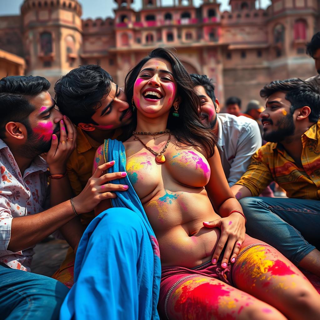 A colorful and lively scene during Holi at a majestic Rajasthani fort, featuring a sensual Indian woman inspired by a popular actress, depicted as a free-spirited character